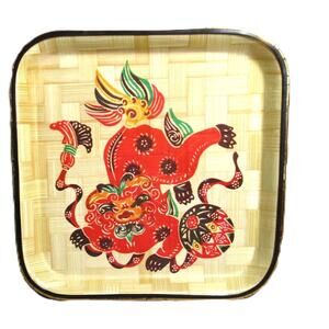 Japanese Tea Ceremony Tray Woven Rattan Square Brass Edges Lion Flaming Pearl